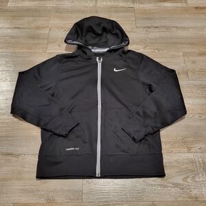 Nike Dri Fit Fleece Hoodie Full Zip Tech Sweatshirt Black w/Grey Trim Mens Large